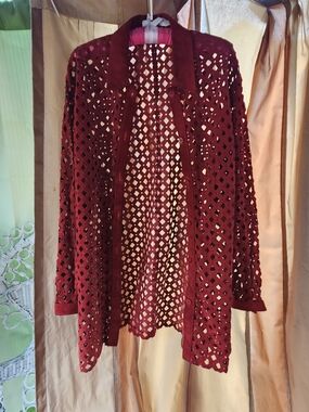 Vintage Danier Red Laser-Cut Openwork Button-Front Longline Shirt Jacket